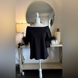 Black Off-Shoulder Top with Feather Sleeves